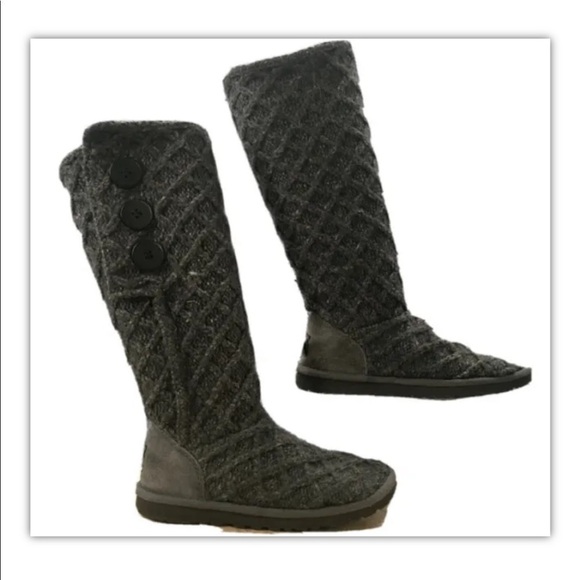 UGG Boots Womens 7 Lattice Cardy Knit Sweater Knee High 3066 Gray Round Toe Flat - Picture 5 of 8